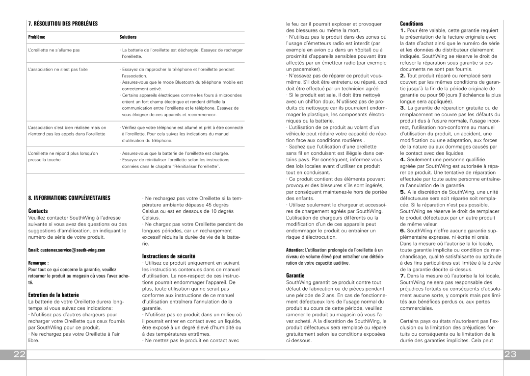 Southwing SA505 Résolution DES Problémes, Informations Complémentaires, Entretien de la batterie, Instructions de sécurité 