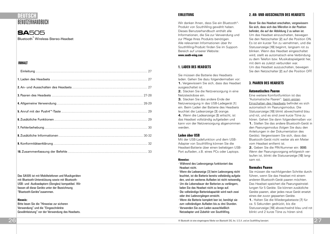 Southwing SA505 manual Benutzerhandbuch, Inhalt, Einleitung, Laden DES Headsets, Paaren DES Headsets 