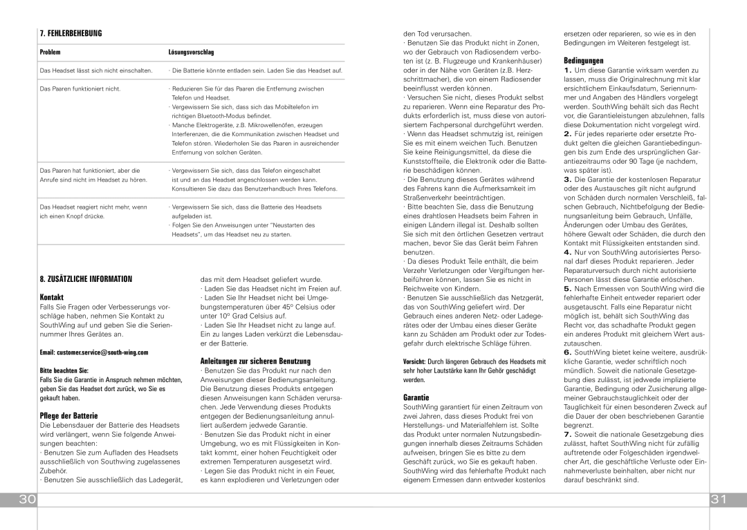 Southwing SA505 manual Fehlerbehebung, Zusätzliche Information 