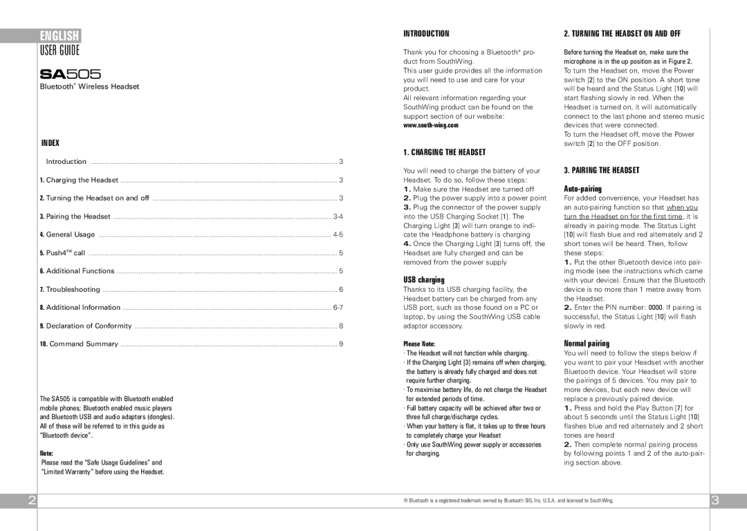 Southwing SA505 manual Introduction, Charging the Headset, Turning the Headset on and OFF, Pairing the Headset 