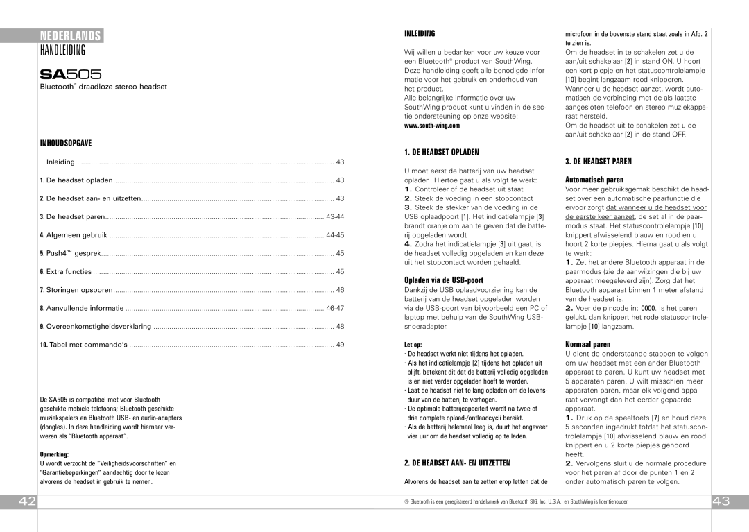 Southwing SA505 Handleiding, Inhoudsopgave, Inleiding, DE Headset Opladen DE Headset Paren, DE Headset AAN- EN Uitzetten 