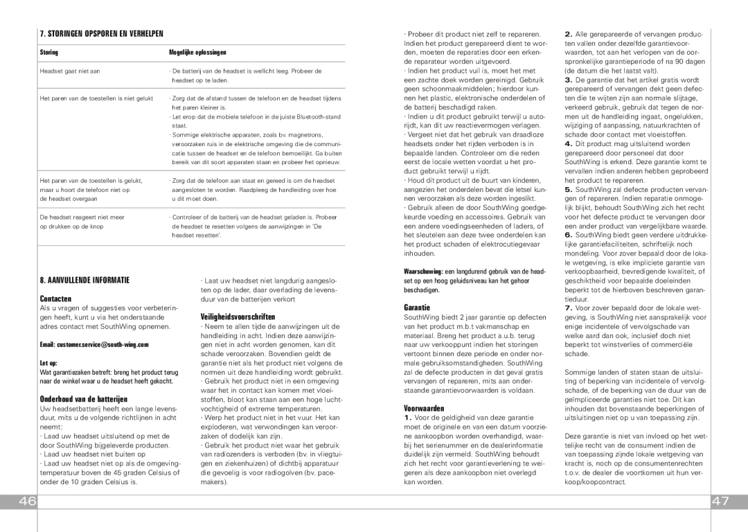 Southwing SA505 manual Storingen Opsporen EN Verhelpen, Aanvullende Informatie 