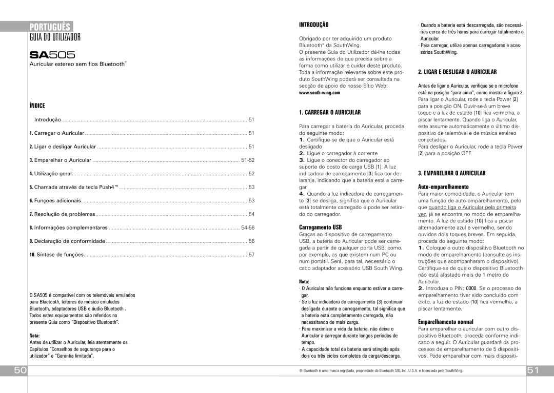 Southwing SA505 Guia do Utilizador, Introdução, Ligar E Desligar O Auricular, Carregar O Auricular, Emparelhar O Auricular 