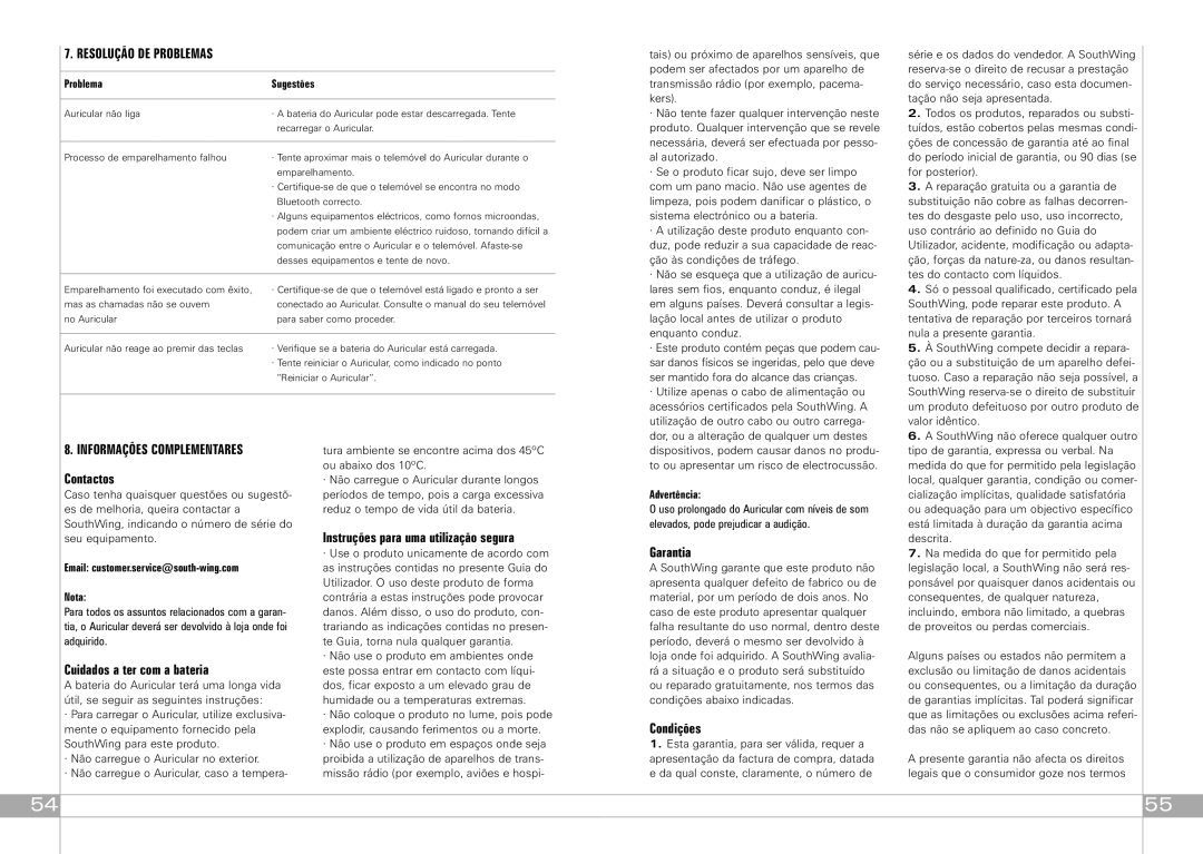 Southwing SA505 manual Resolução DE Problemas, Informações Complementares 