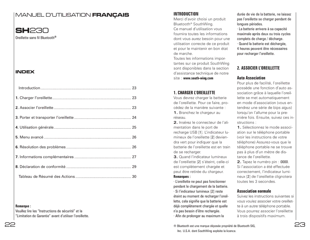 Southwing SH230 manual Charger L’OREILLETTE, Associer L’OREILLETTE, Auto Association, Association normale 