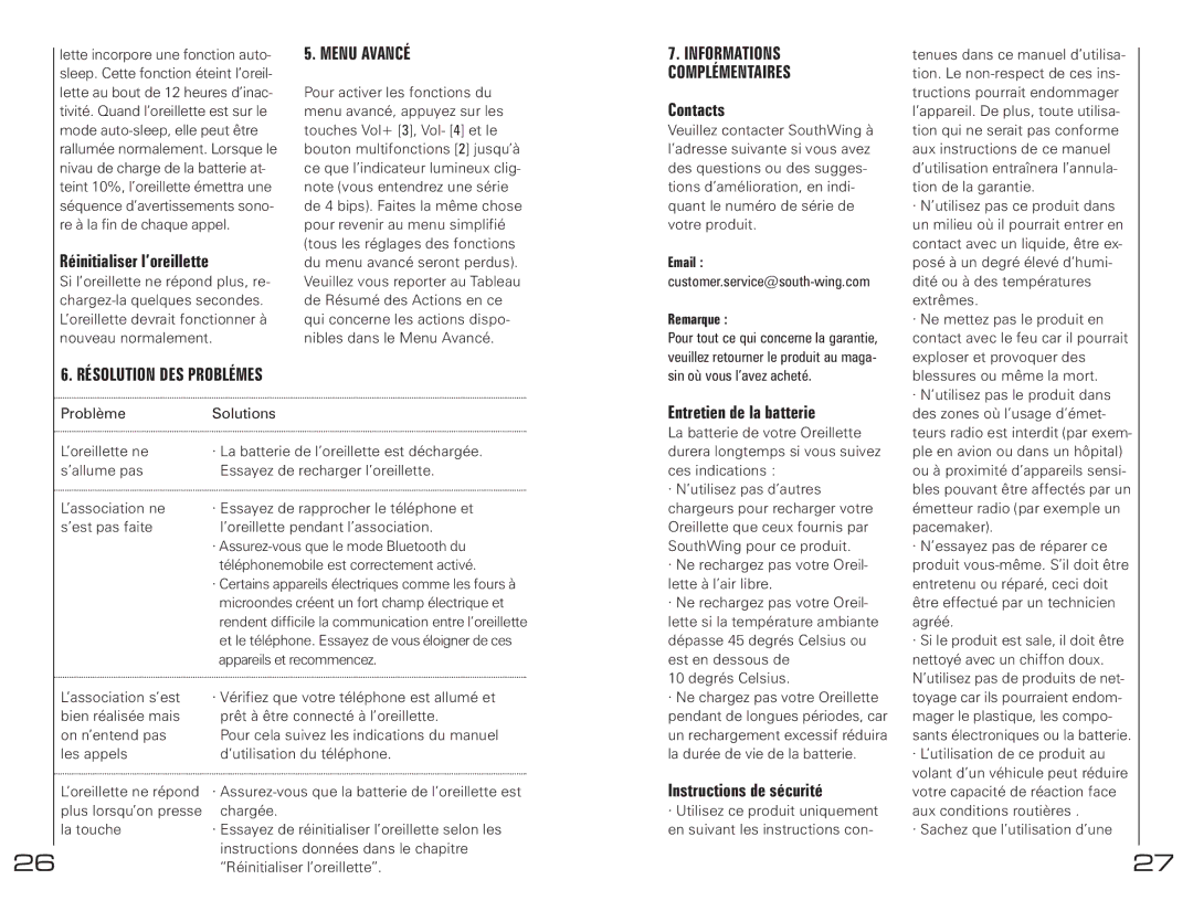 Southwing SH230 manual Réinitialiser l’oreillette, Menu Avancé, Résolution DES Problémes, Entretien de la batterie 