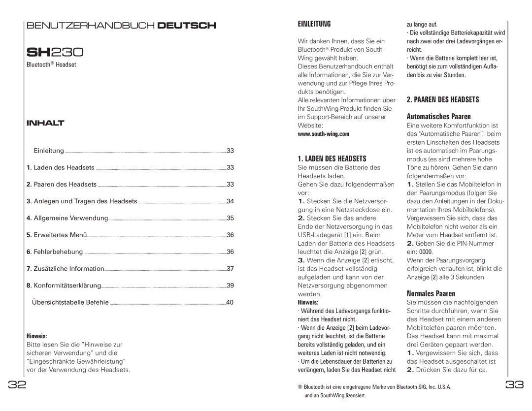 Southwing SH230 manual Inhalt, Einleitung, Laden DES Headsets, Paaren DES Headsets 