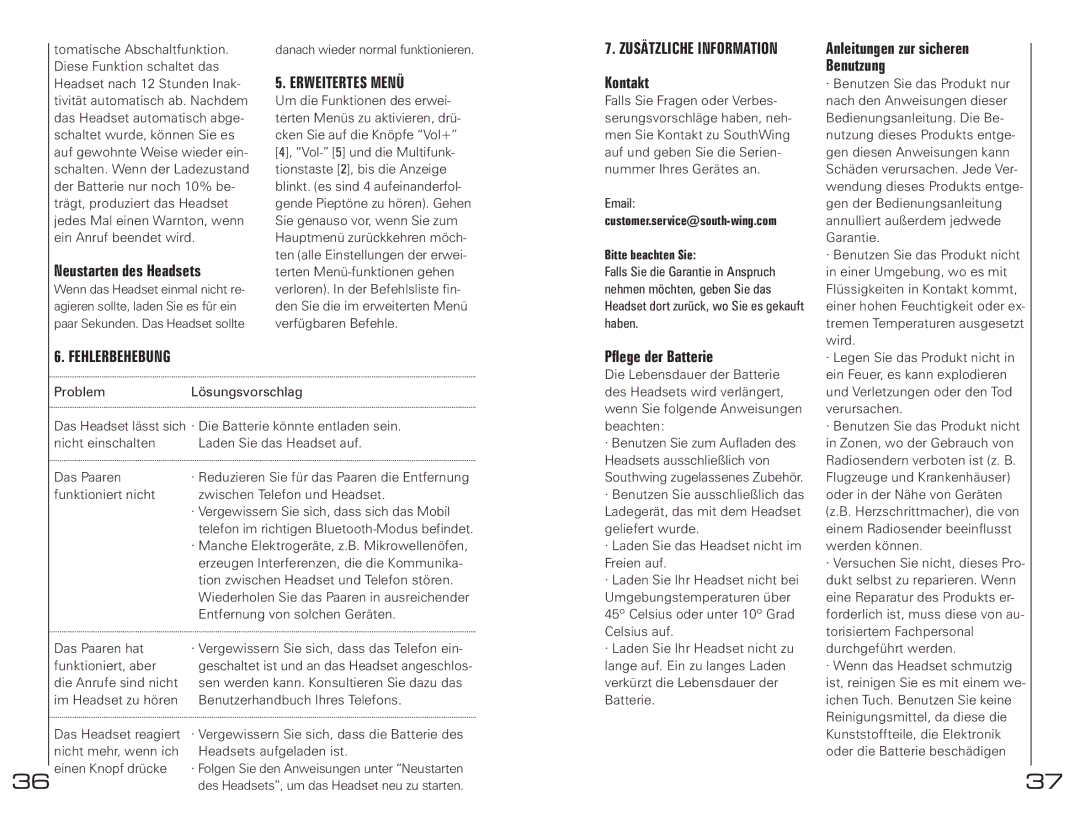 Southwing SH230 manual Erweitertes Menü, Fehlerbehebung 