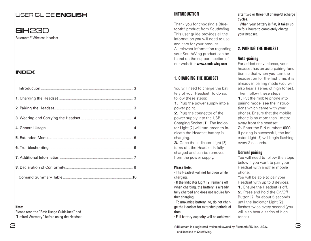 Southwing SH230 manual Introduction, Charging the Headset, Pairing the Headset, Auto-pairing, Normal pairing 