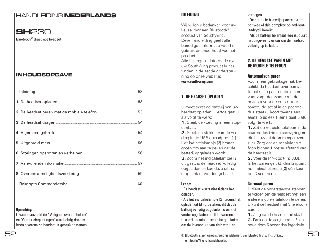 Southwing SH230 manual Inhoudsopgave, Inleiding, DE Headset Opladen, Automatisch paren, Normaal paren 