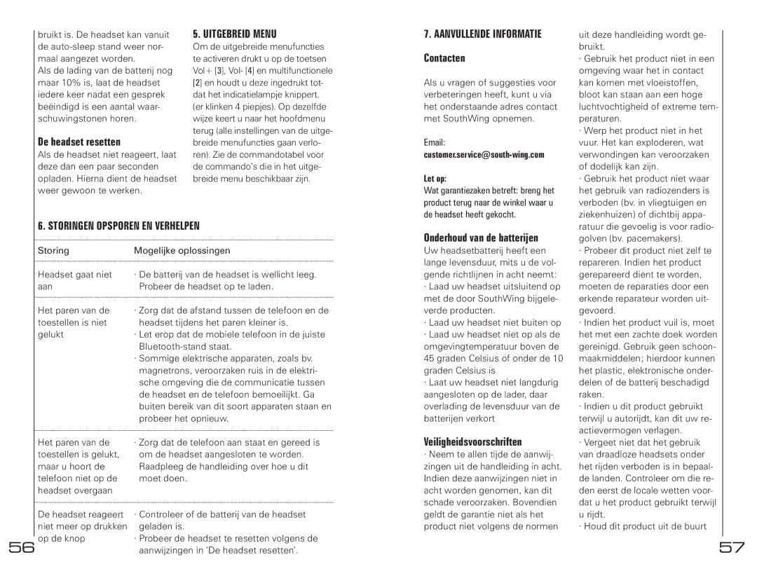 Southwing SH230 manual De headset resetten, Uitgebreid Menu, Storingen Opsporen EN Verhelpen, Veiligheidsvoorschriften 