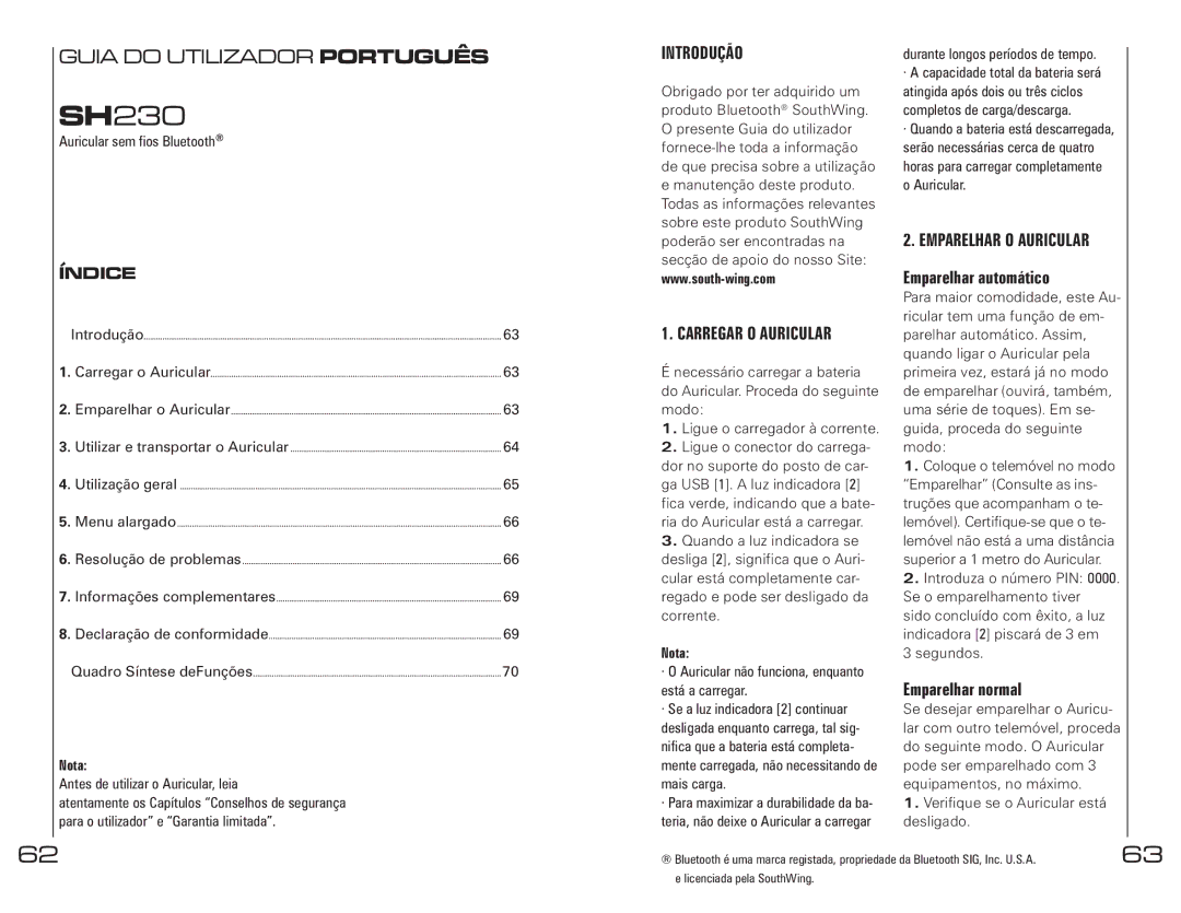 Southwing SH230 manual Introdução, Carregar O Auricular, Emparelhar O Auricular, Emparelhar automático, Emparelhar normal 