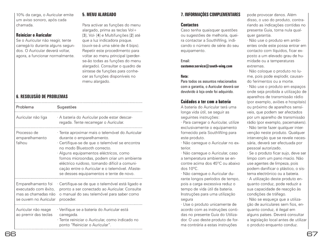 Southwing SH230 manual Reiniciar o Auricular, Menu Alargado, Resolusão DE Problemas, Cuidados a ter com a bateria 