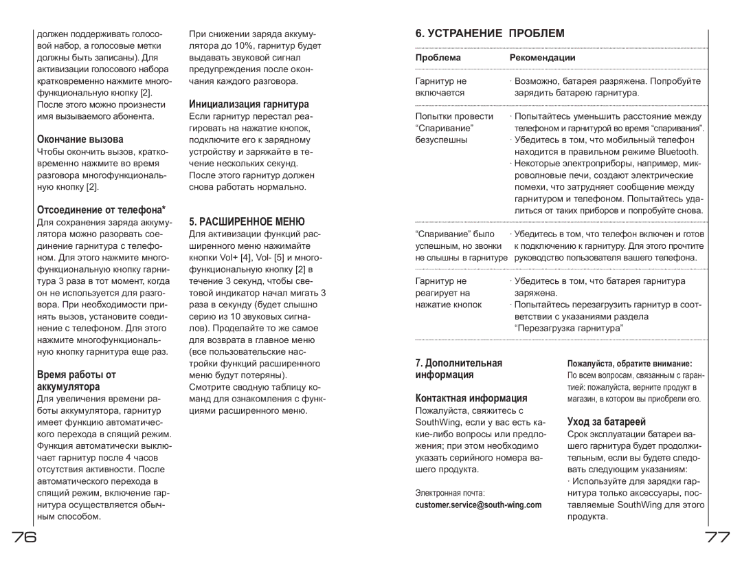 Southwing SH230 manual Расширенное Меню, Устранение Проблем 