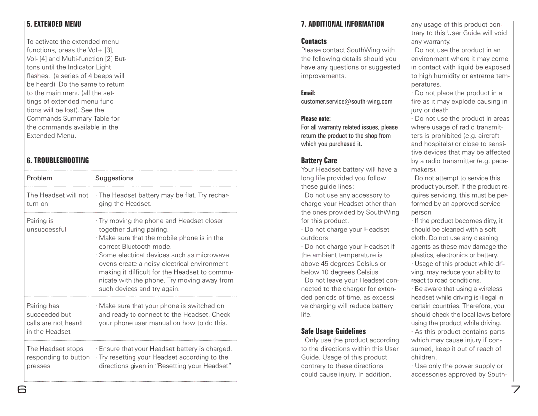 Southwing SH230 manual Extended Menu, Troubleshooting, Additional Information 