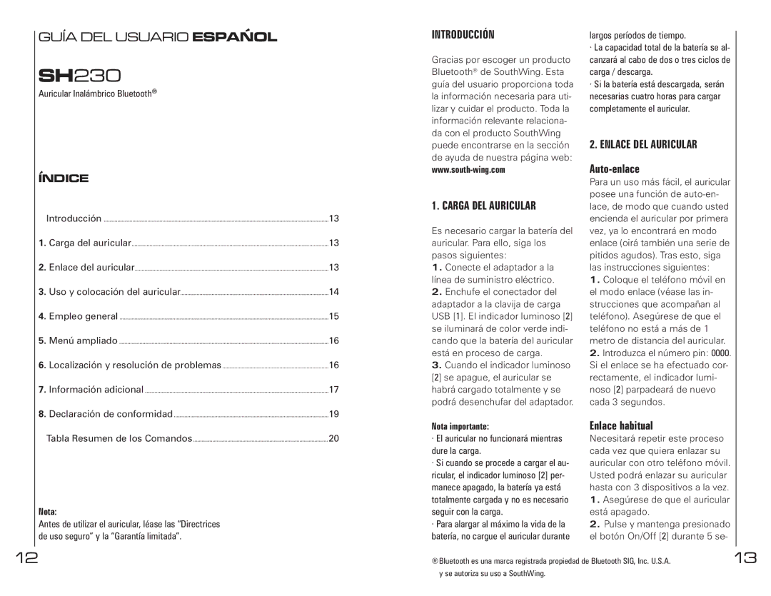 Southwing SH230 manual Índice, Introducción, Carga DEL Auricular, Enlace DEL Auricular 