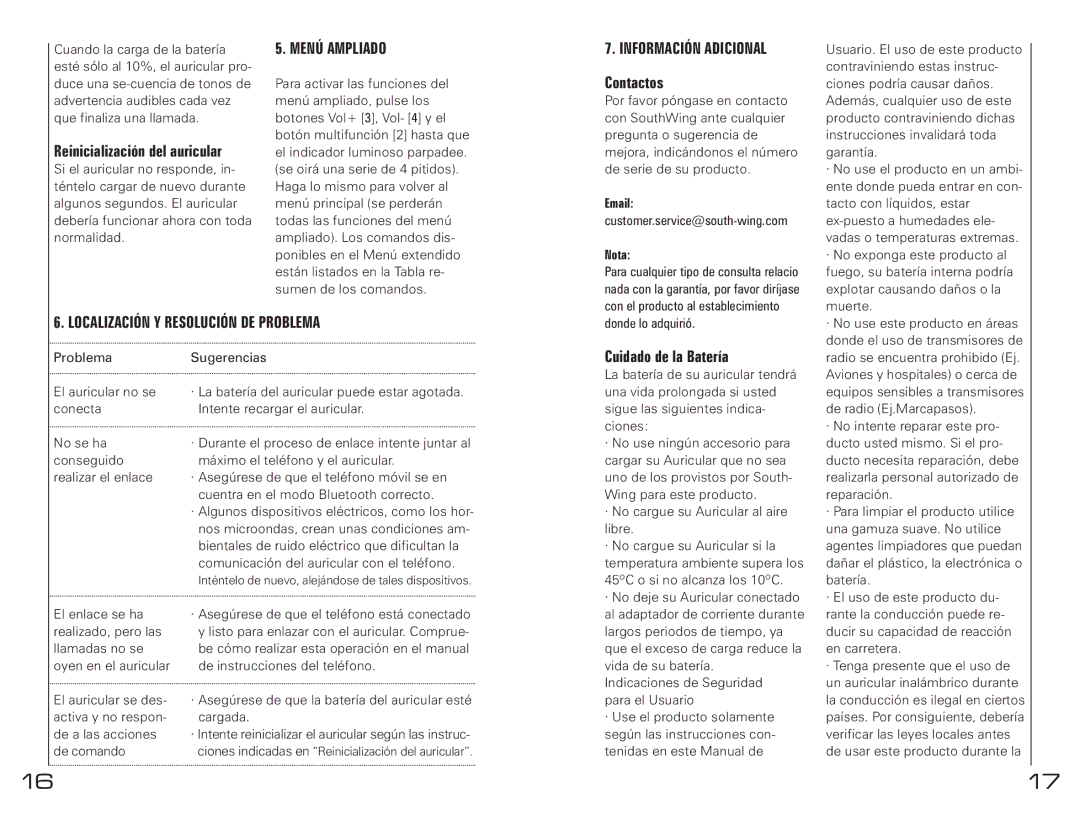 Southwing SH230 manual Menú Ampliado, Información Adicional, Localización Y Resolución DE Problema 