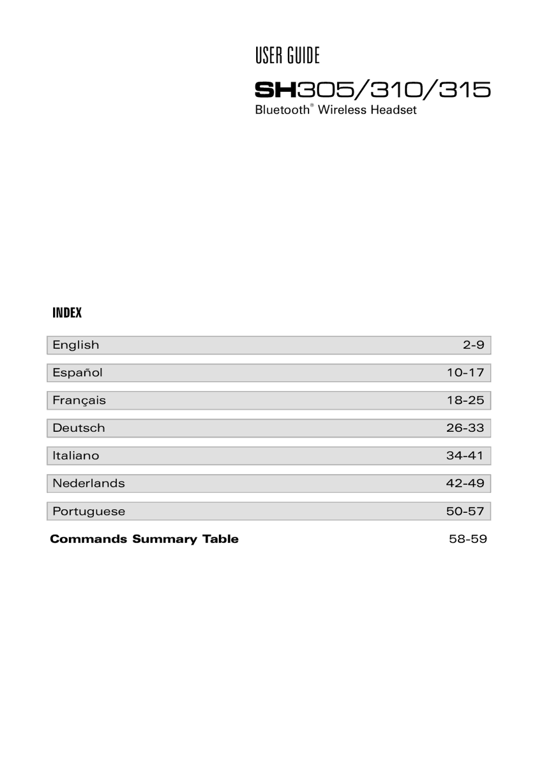 Southwing SH305, SH310, SH315 manual User Guide, Index, Commands Summary Table, 58-59 