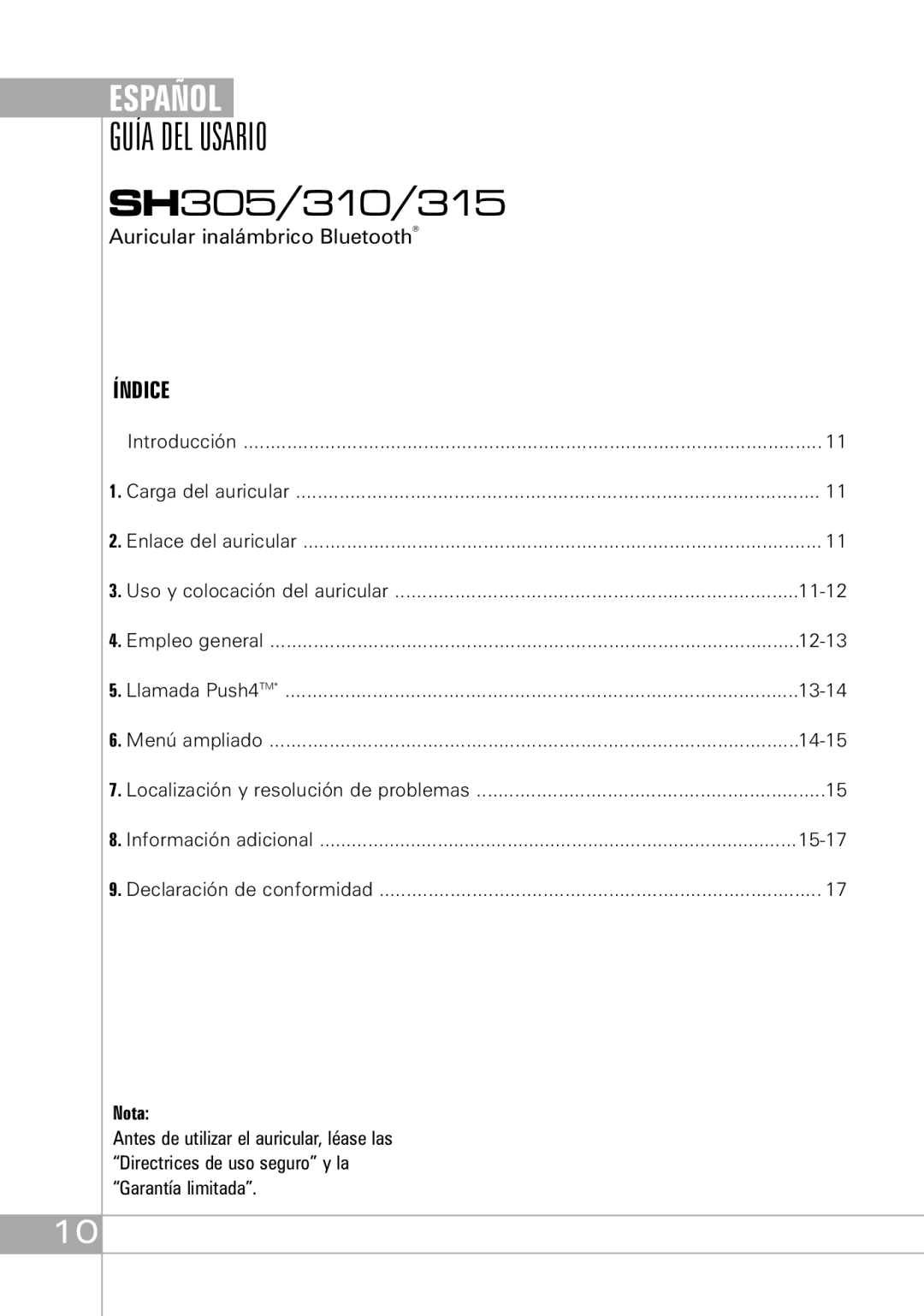 Southwing SH305, SH310, SH315 manual Guía DEL Usario, Índice, Nota 