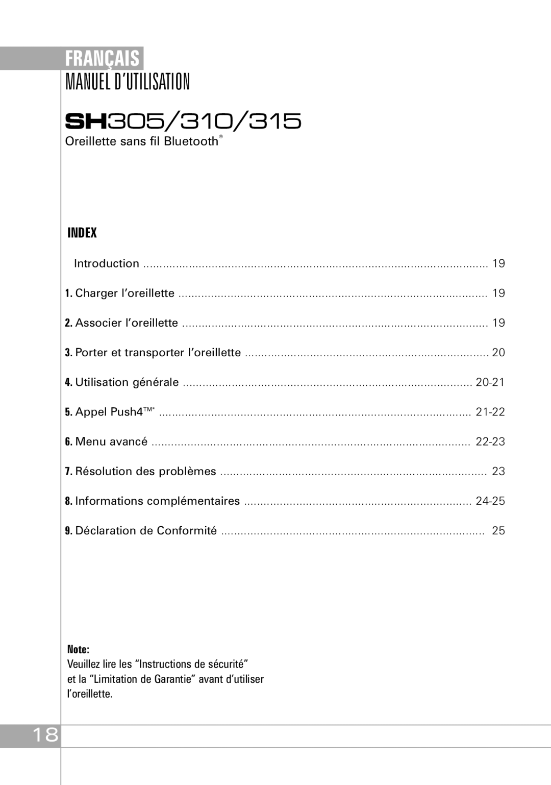 Southwing SH305, SH310, SH315 manual Manuel D’UTILISATION, 20-21, 21-22, 22-23, 24-25 