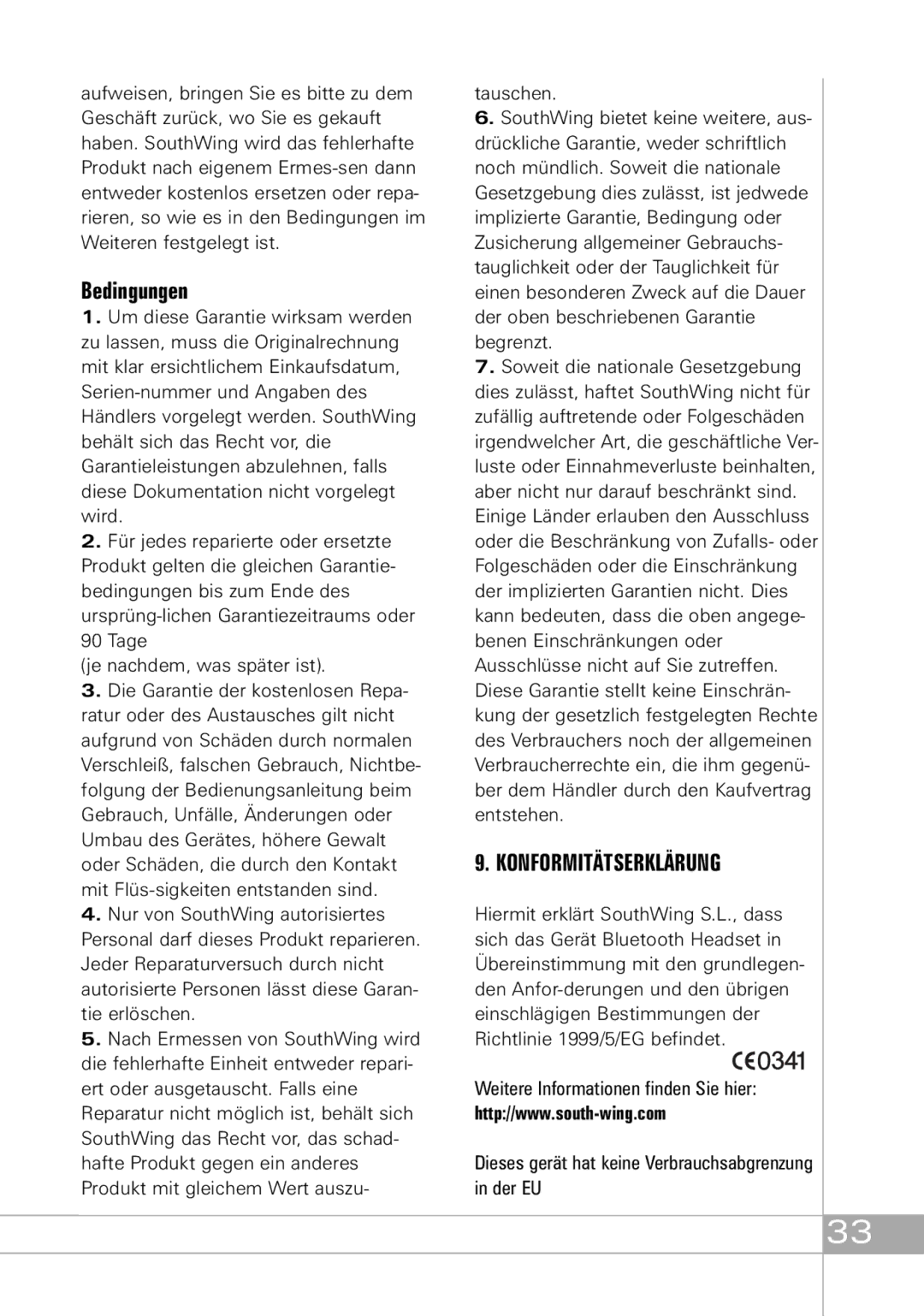 Southwing SH305, SH310, SH315 manual Bedingungen, Konformitätserklärung 