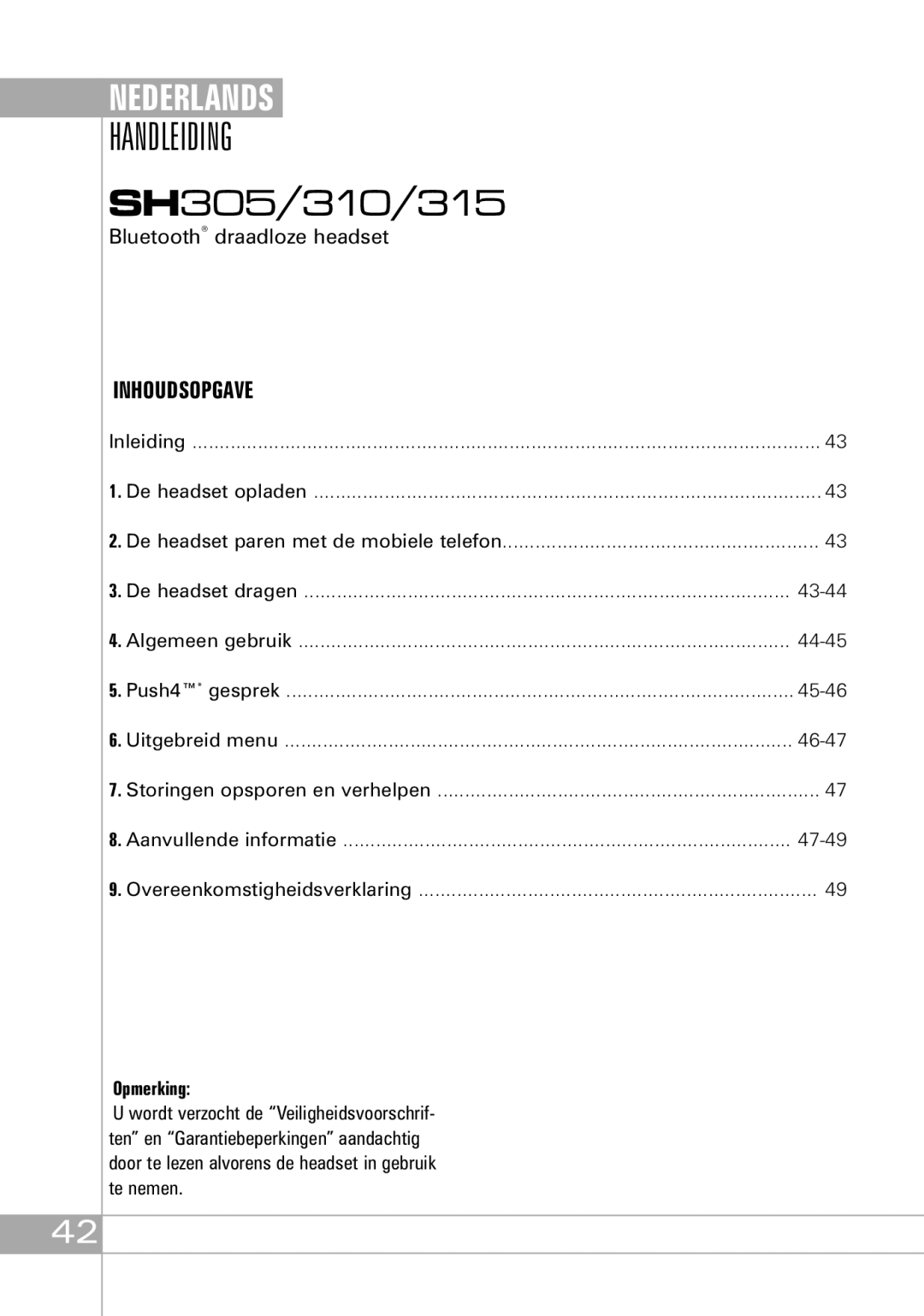 Southwing SH305, SH310, SH315 manual Handleiding, Inhoudsopgave, Opmerking 