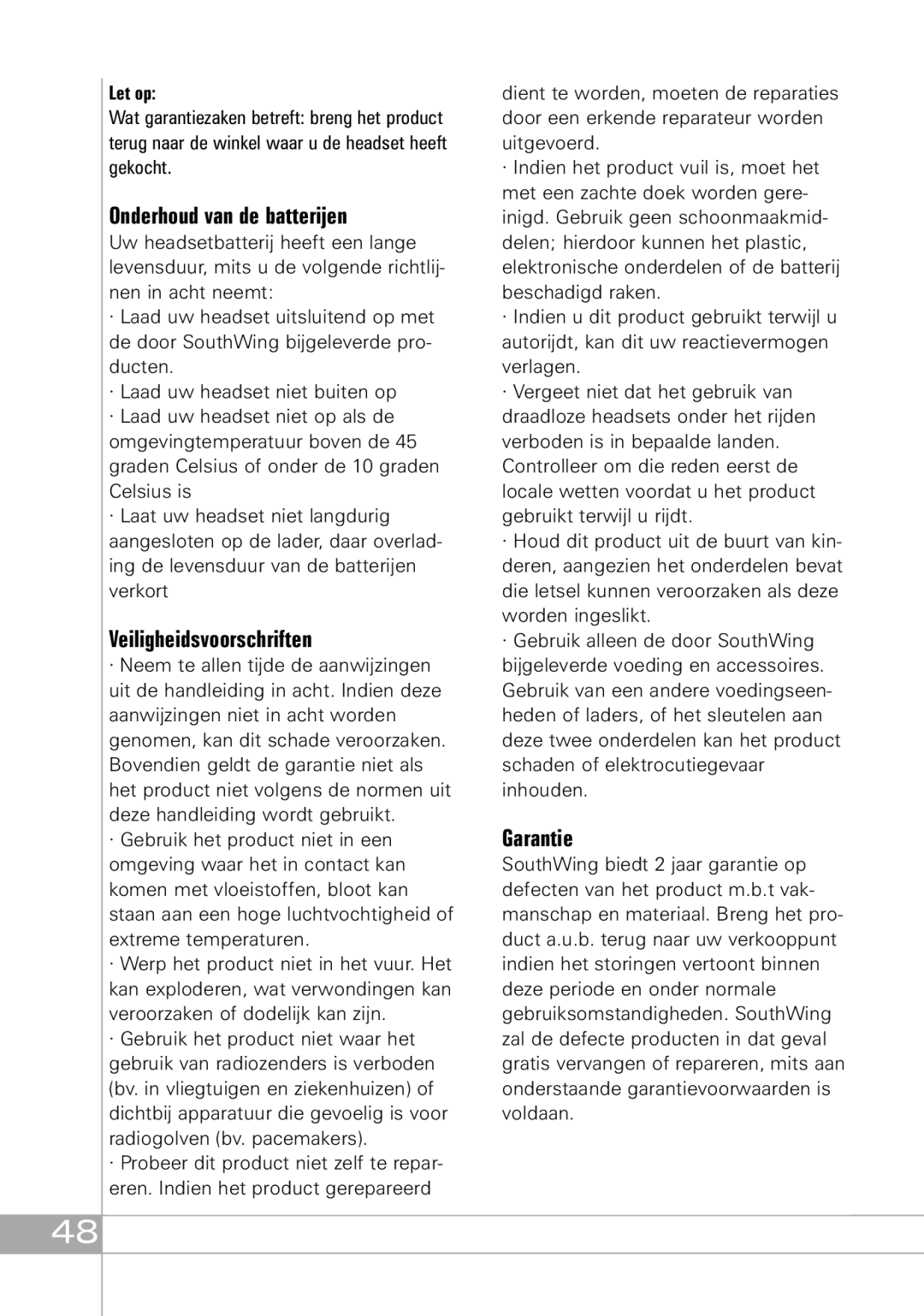 Southwing SH305, SH310, SH315 manual Onderhoud van de batterijen, Veiligheidsvoorschriften 