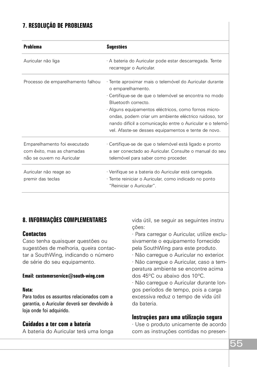 Southwing SH305, SH310, SH315 Resolução DE Problemas, Cuidados a ter com a bateria, Instruções para uma utilização segura 