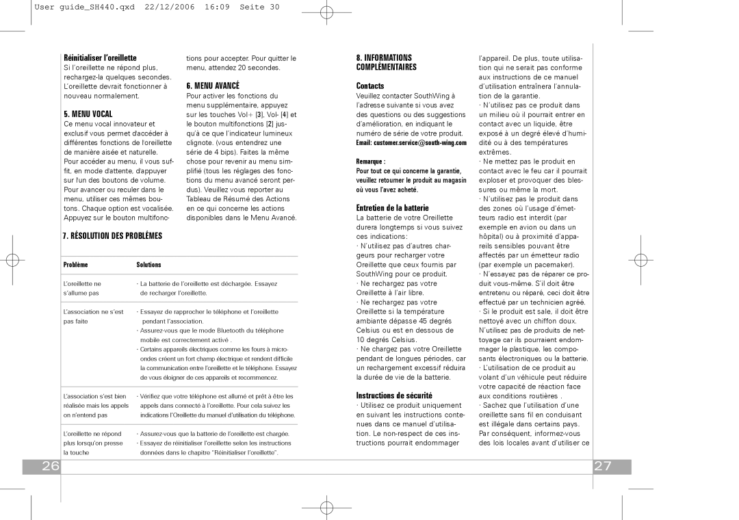 Southwing SH440 manual Menu Avancé, Menu Vocal, Entretien de la batterie, Instructions de sécurité, Problème Solutions 