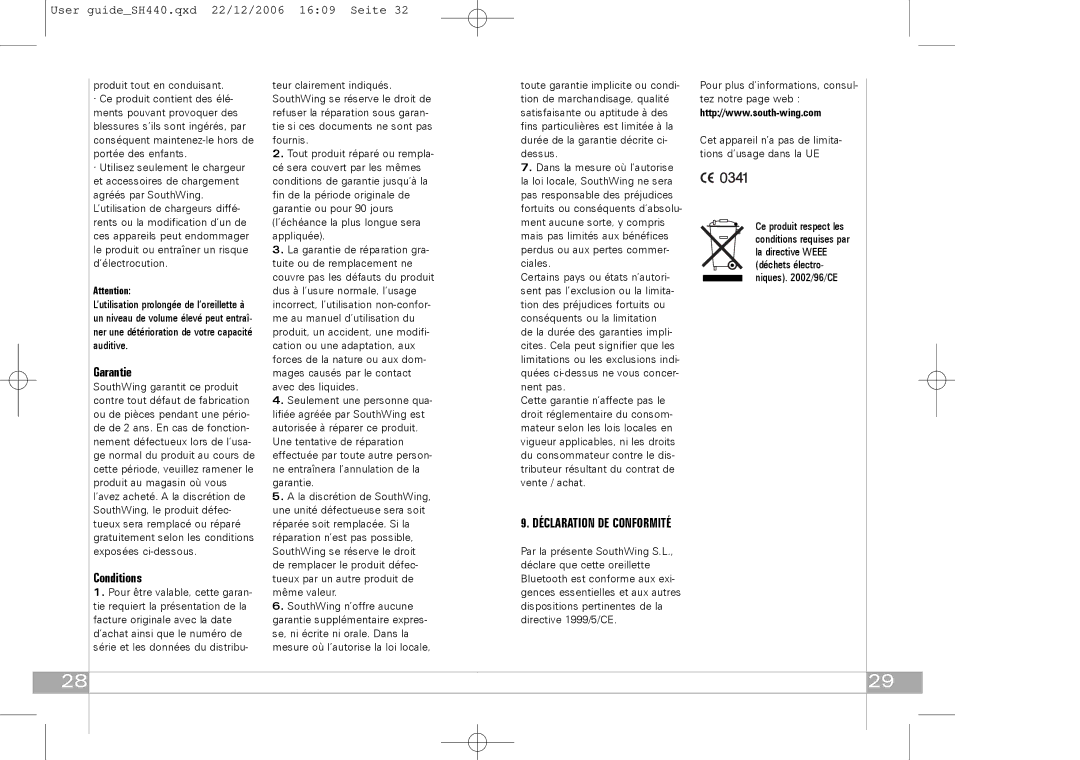 Southwing SH440 manual Garantie, Déclaration DE Conformité 