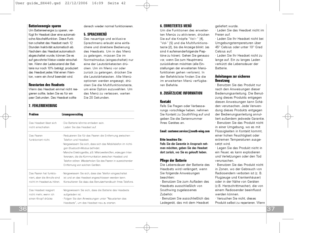 Southwing SH440 manual Sprachmenü, Fehlerbehebung, Erweitertes Menü 