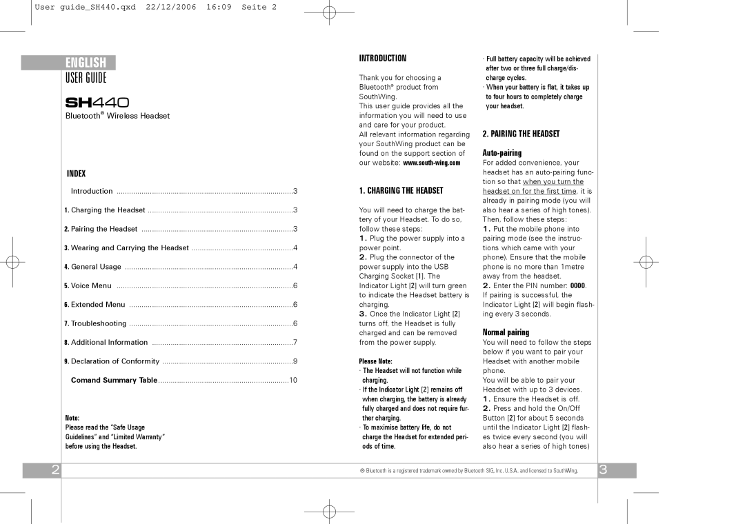 Southwing SH440 manual Introduction, Pairing the Headset, Auto-pairing, Charging the Headset, Normal pairing 