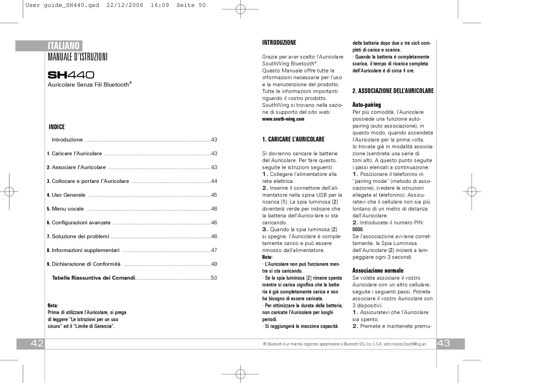 Southwing SH440 manual Manuale D’ISTRUZIONI, Introduzione, Indice, Caricare L’AURICOLARE, Associazione normale 