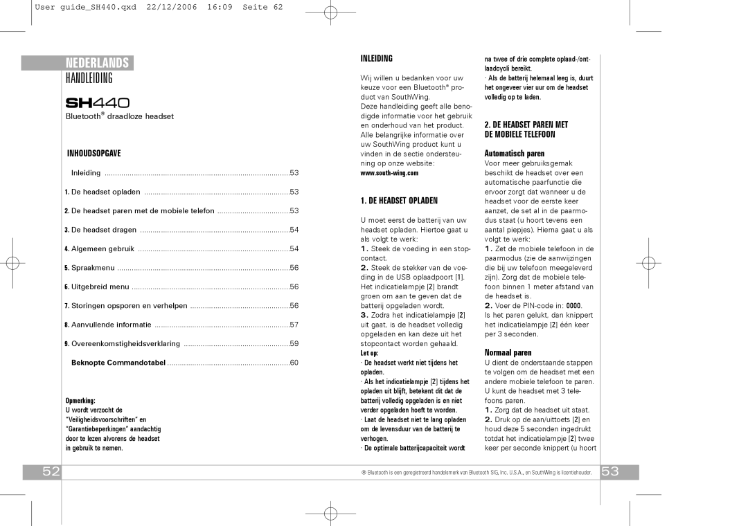 Southwing SH440 manual Handleiding, Inleiding, DE Headset Paren MET, DE Mobiele Telefoon Inhoudsopgave, DE Headset Opladen 