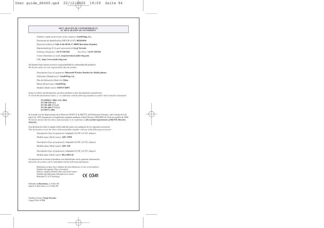 Southwing SH440 manual EC Declaration of Conformity 