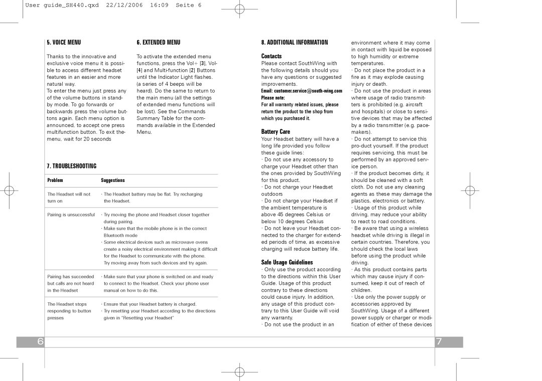 Southwing SH440 manual Voice Menu Extended Menu, Additional Information, Contacts, Battery Care, Safe Usage Guidelines 