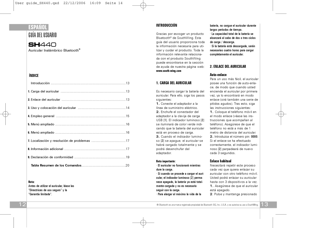 Southwing SH440 manual Guía DEL Usuario, Introducción, Enlace DEL Auricular, Índice Carga DEL Auricular 