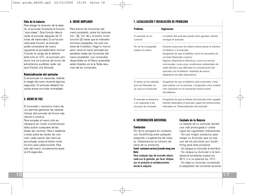 Southwing SH440 manual Menú Ampliado, Localización Y Resolución DE Problema, Menú DE VOZ, Información Adicional 