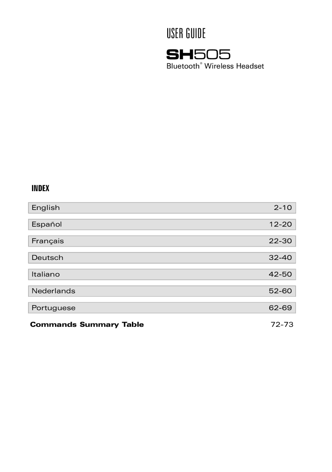 Southwing SH505 manual Index, Commands Summary Table 