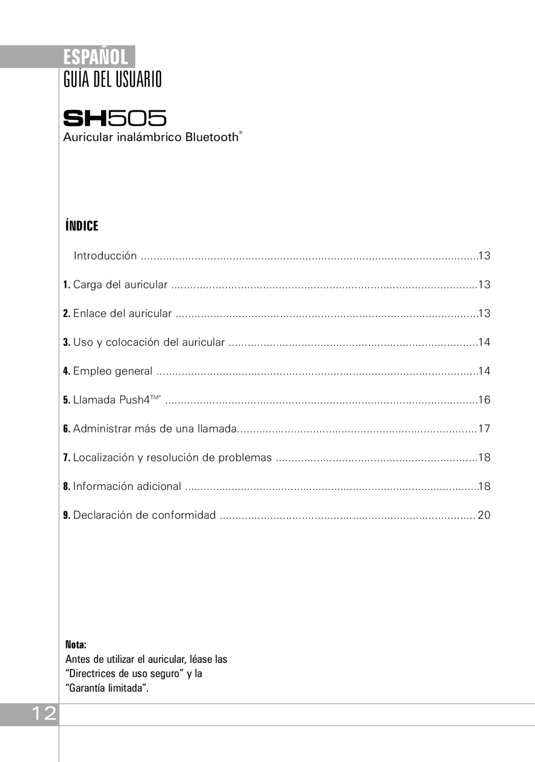 Southwing SH505 manual Índice, Nota 