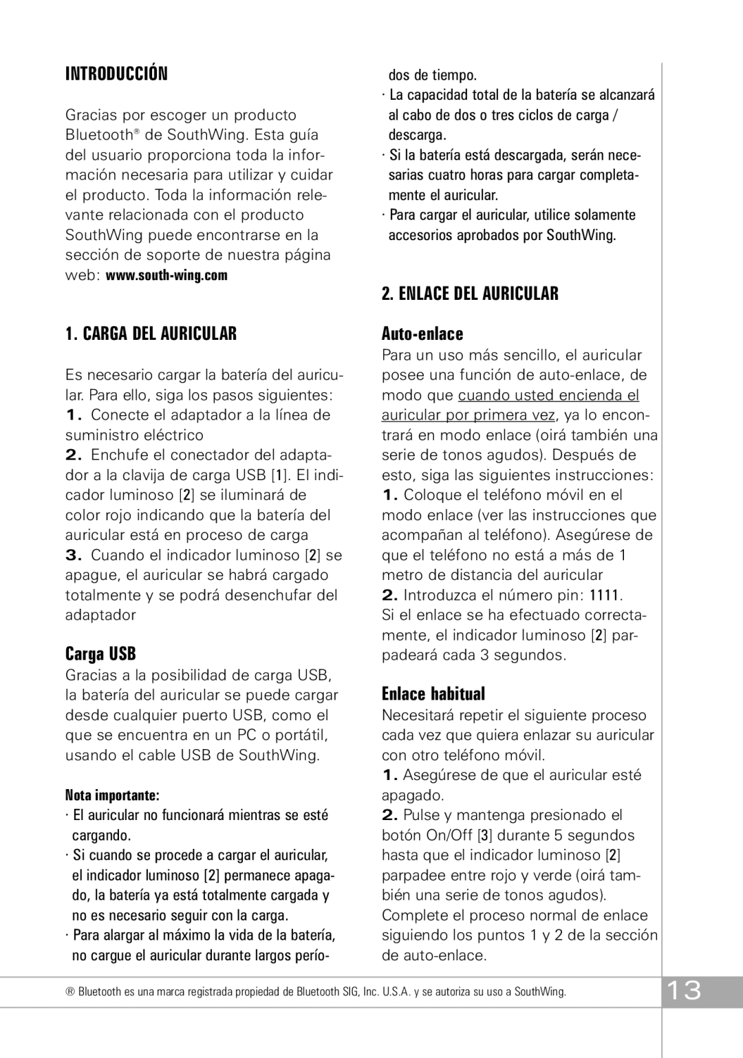 Southwing SH505 manual Introducción Carga DEL Auricular, Carga USB, Nota importante 