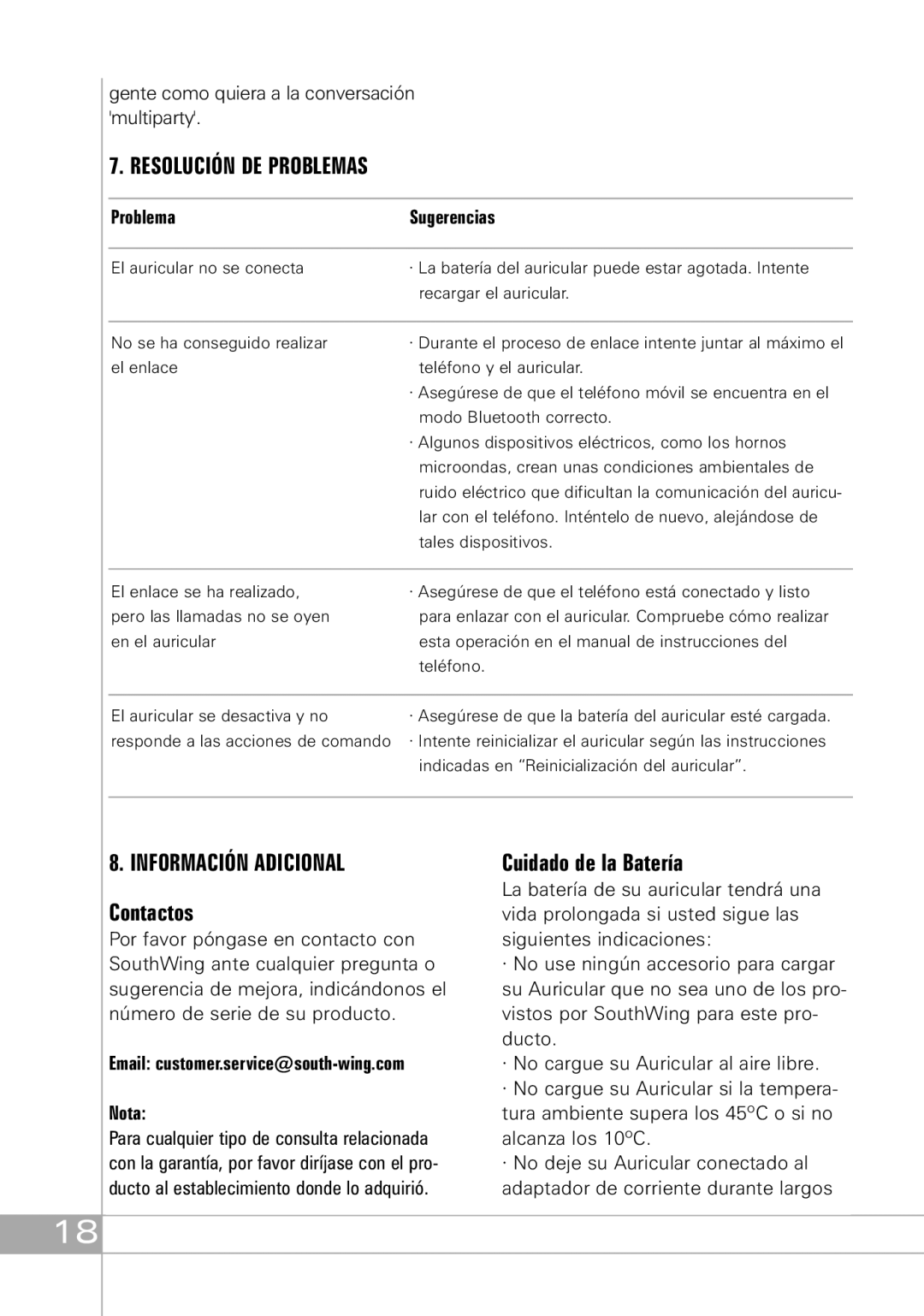 Southwing SH505 manual Resolución DE Problemas, Información Adicional, Contactos, Cuidado de la Batería 