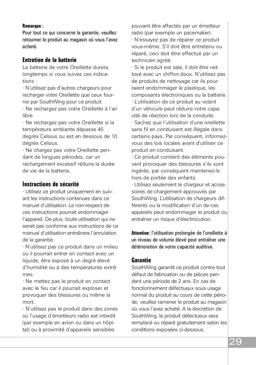 Southwing SH505 manual Entretien de la batterie, Instructions de sécurité, Garantie 