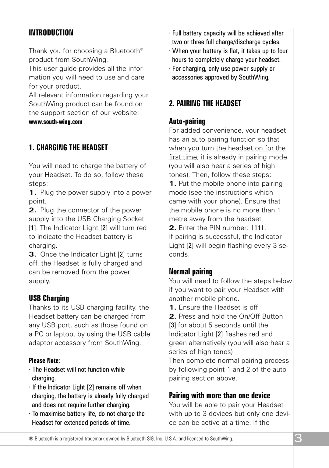 Southwing SH505 manual Introduction, Charging the Headset, USB Charging, Please Note 