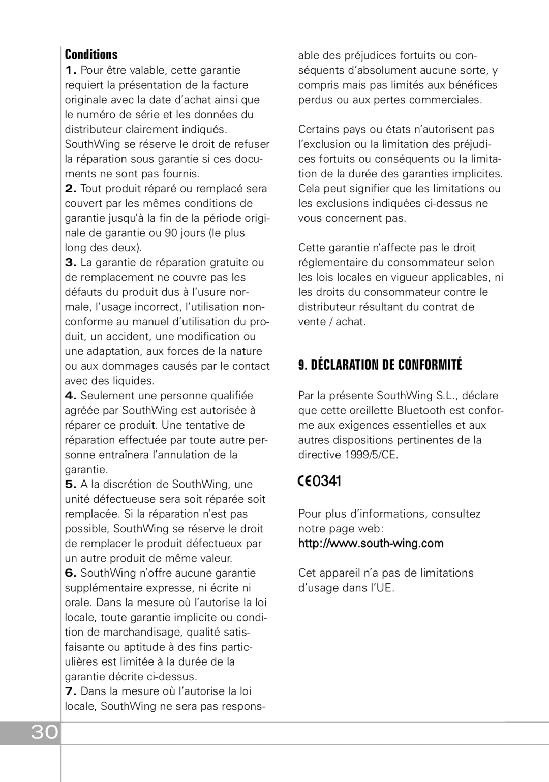 Southwing SH505 manual Conditions, Déclaration DE Conformité 