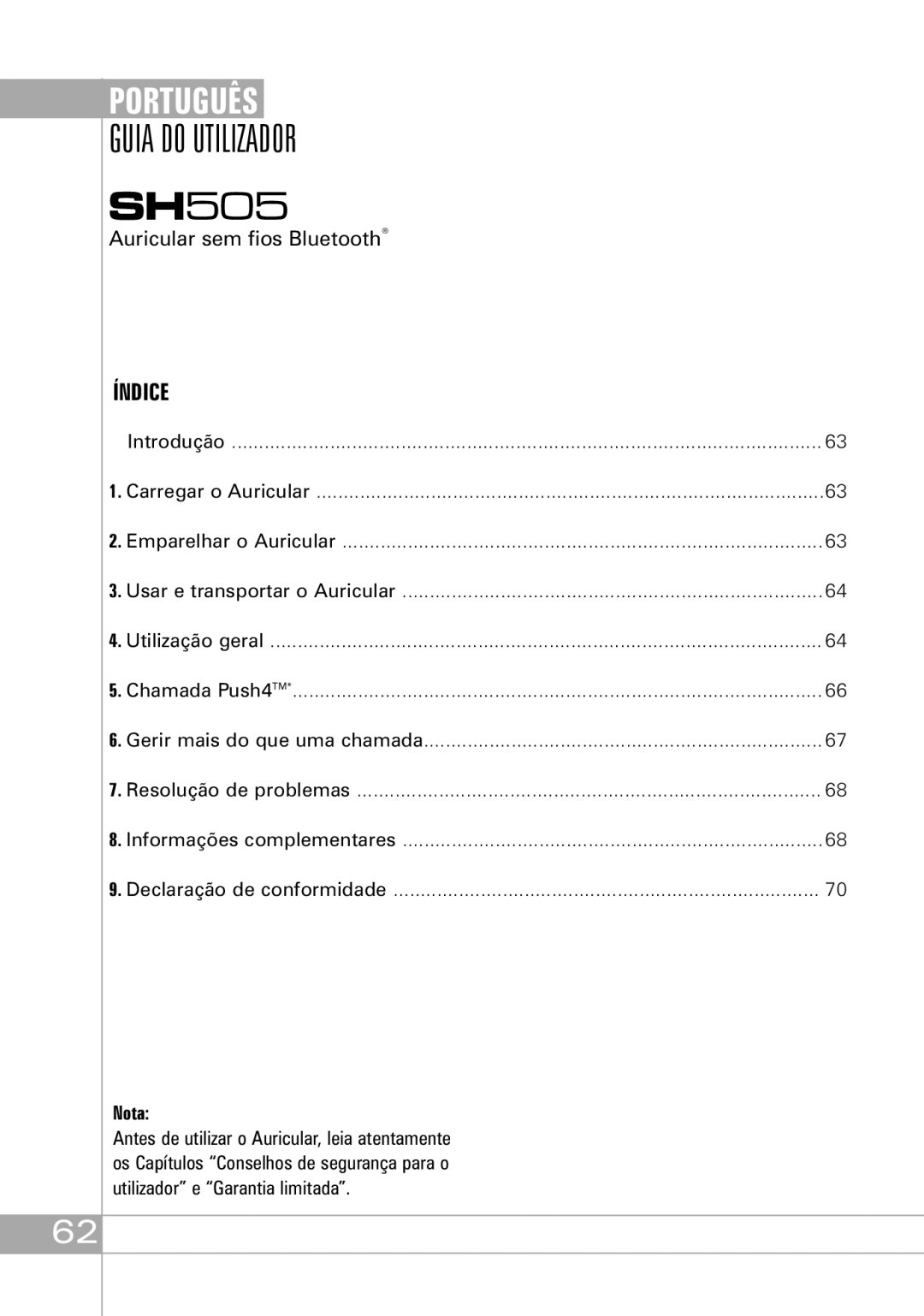 Southwing SH505 manual Guia do Utilizador 