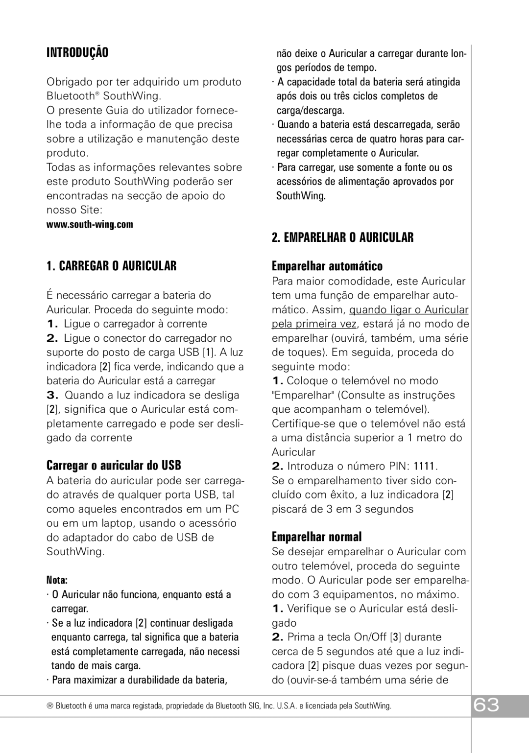 Southwing SH505 manual Introdução, Emparelhar O Auricular Carregar O Auricular, Emparelhar automático, Emparelhar normal 