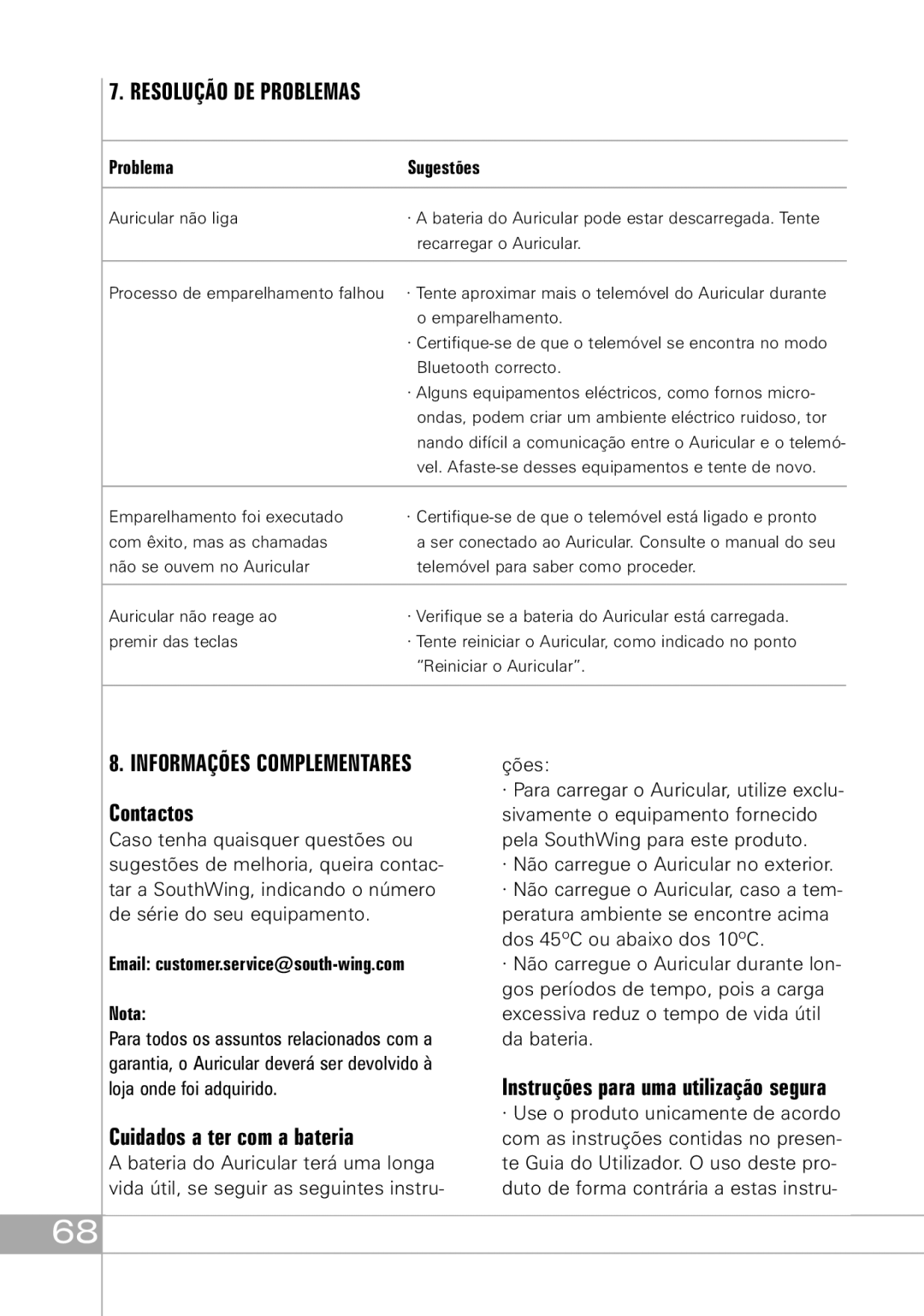 Southwing SH505 manual Resolução DE Problemas, Cuidados a ter com a bateria, Instruções para uma utilização segura 