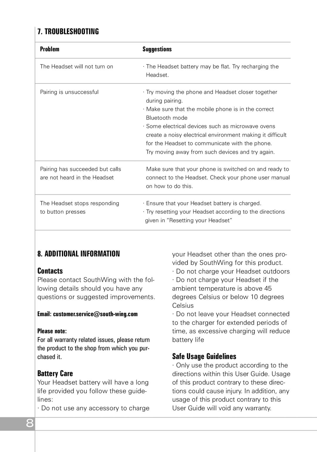 Southwing SH505 manual Troubleshooting, Additional Information, Contacts, Battery Care, Safe Usage Guidelines 