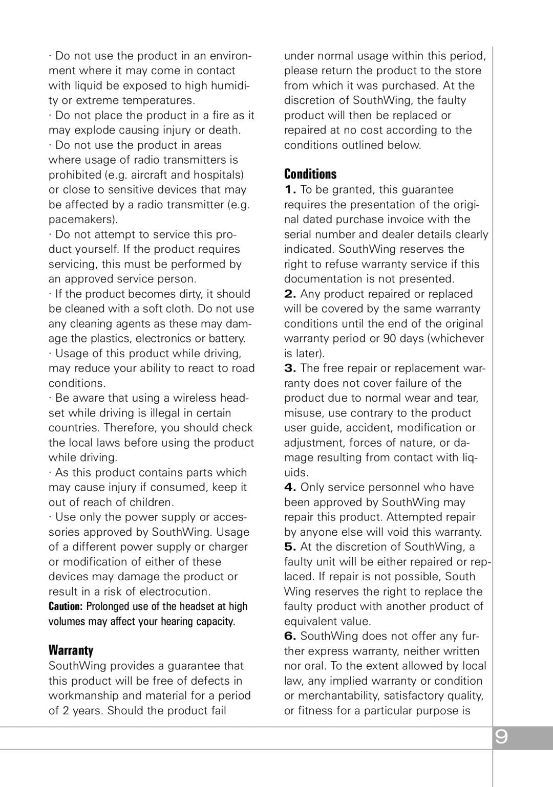 Southwing SH505 manual Warranty, Conditions 